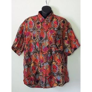 Vintage Details Express Silk Short Sleeve Button Down Medium Shirt Geometric...